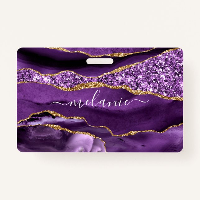 Tarjeta De Identificación Agate Purple Violet Gold Purpurina Custom Name Bad (Anverso)