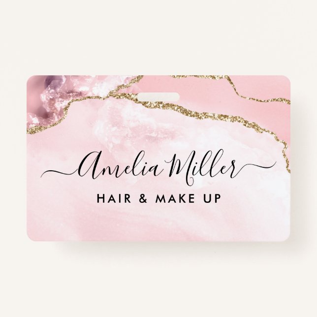 Tarjeta De Identificación Agate Purpurina de Oro Rosado Hair Makeup Business (Anverso)