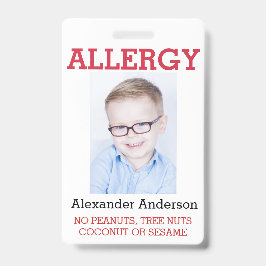 Tarjeta De Identificación Alerta de alergia infantil con foto personalizada 