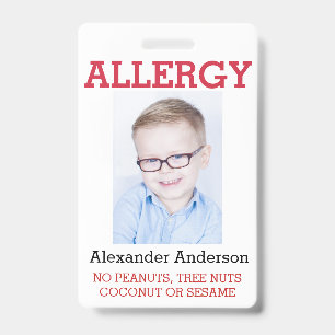 Tarjeta De Identificación Alerta de alergia infantil con foto personalizada 