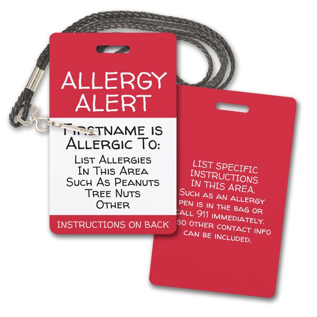 Tarjeta De Identificación Alerta de alergia para información de contacto en  (Allergy Alert Plastic Badge for Lanyard - Custom Allergy Alert. Add name, allergy and instructions)