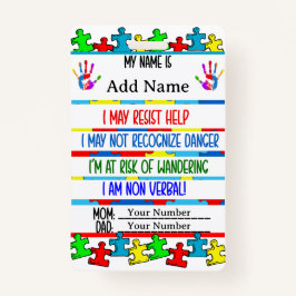Tarjeta De Identificación Alerta de autismo Contacto autista no verbal