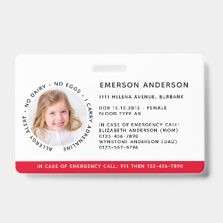 Tarjeta De Identificación Alerta de emergencia de identificación de alergia 