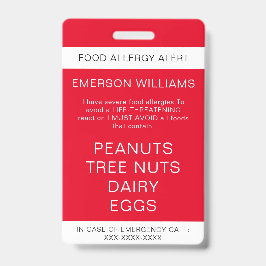 Tarjeta De Identificación Alerta Personalizada de Alergia a Comida Roja