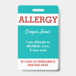 Tarjeta De Identificación Alerta personalizada para niños con alergia alimen