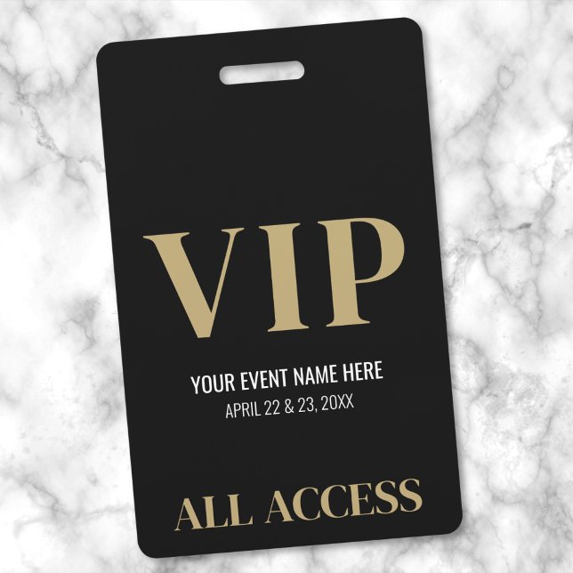 Tarjeta De Identificación All Access Elegant Black Gold Event VIP (All Access Elegant Black Gold Special Event VIP Badge)
