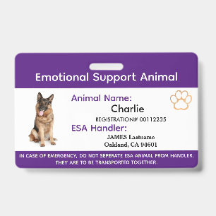 Tarjeta De Identificación Apoyo emocional Animal ESA ID One Photo Badge