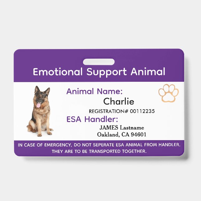 Tarjeta De Identificación Apoyo emocional Animal ESA ID One Photo Badge (Parte frontal)