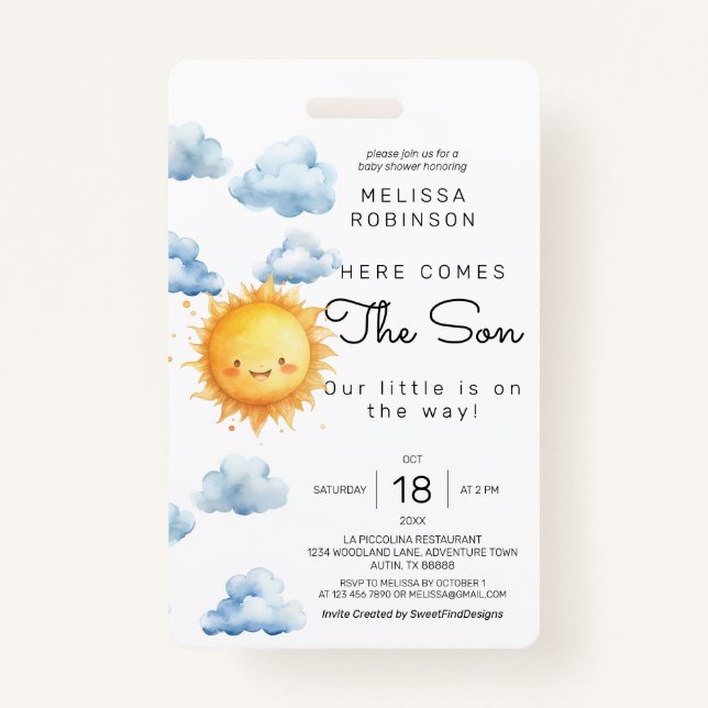 Tarjeta De Identificación Aquí viene el hijo acuarela Baby Shower (Anverso)