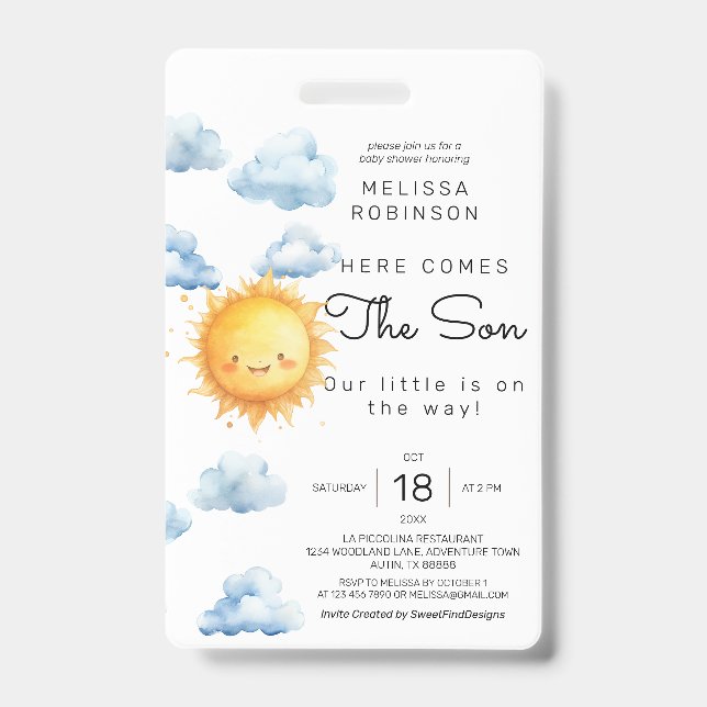 Tarjeta De Identificación Aquí viene el Hijo Aquarela Invitación de Baby Sho (Parte frontal)