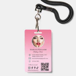 Tarjeta De Identificación artista de maquillaje código qr de foto rosa peque