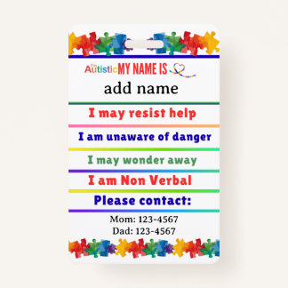 Tarjeta De Identificación Autism Alert Nonverbal Autistic Contact