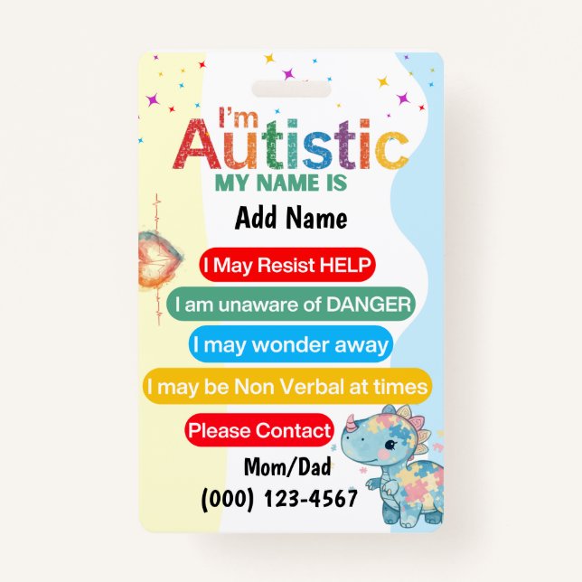 Tarjeta De Identificación Autism Alert Nonverbal Autistic Contact Badge (Anverso)