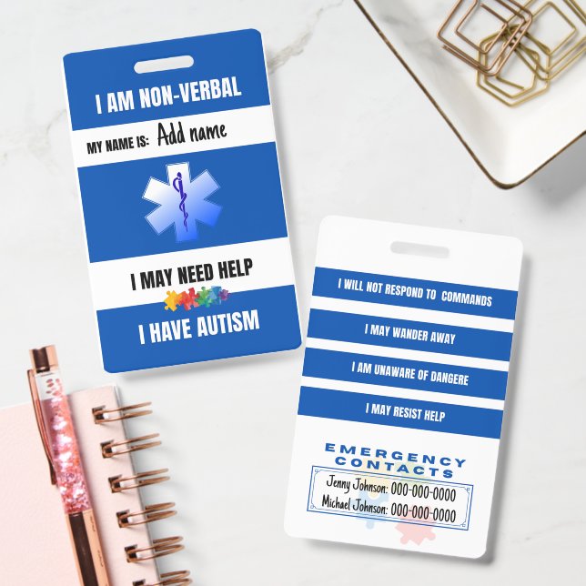 Tarjeta De Identificación Autism Alert Nonverbal Autistic Contact Badge (Office)