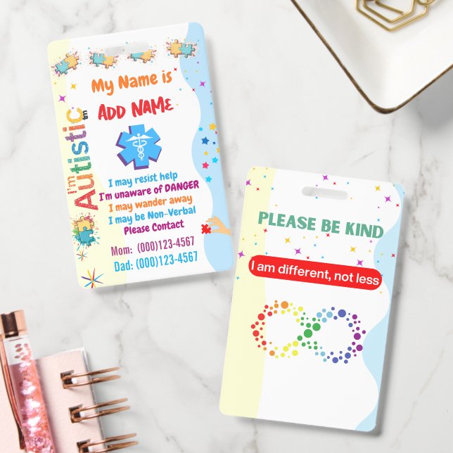 Tarjeta De Identificación Autism Alert Nonverbal Autistic Contact Badge (Oficina)