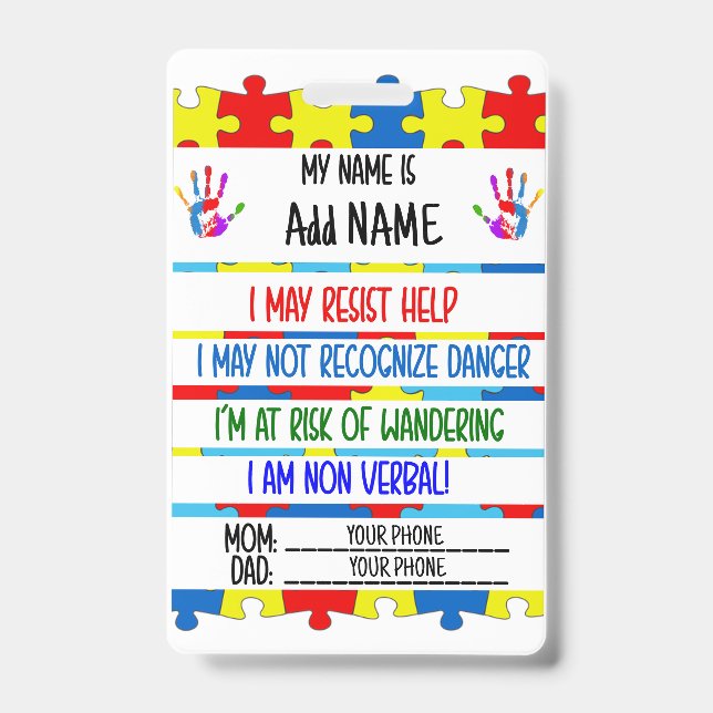 Tarjeta De Identificación Autism Alert Nonverbal Autistic Contact Badge (Front)