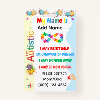 Tarjeta De Identificación Autism Alert Nonverbal Autistic Contact Badge