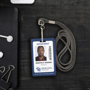 Tarjeta De Identificación Azul Añadir el código de barras de logotipo y la f