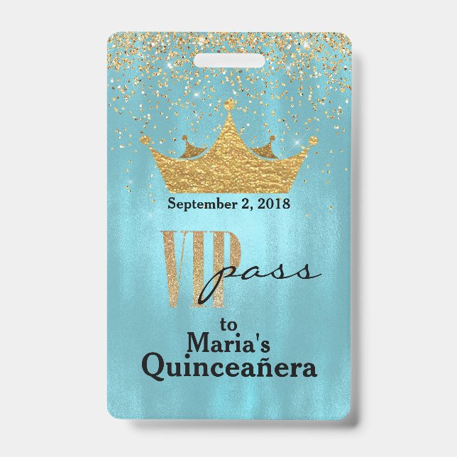 Tarjeta De Identificación Azul bonito con la insignia de Quinceañera VIP de (Parte frontal)