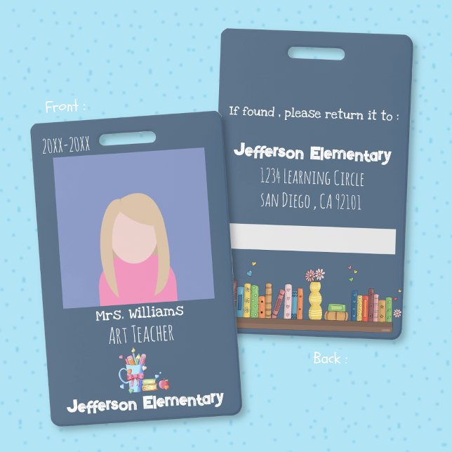 Tarjeta de identificación azul vertical para profe (Art Teacher blue vertical photo ID badge . )