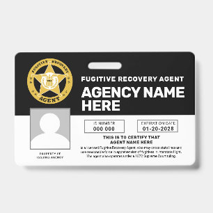 TARJETA DE IDENTIFICACIÓN BADGE DE AGENTE DE RECUPERACIÓN FUGITIVA
