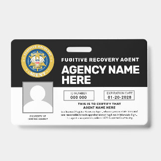 TARJETA DE IDENTIFICACIÓN BADGE DE AGENTE DE RECUPERACIÓN FUGITIVA