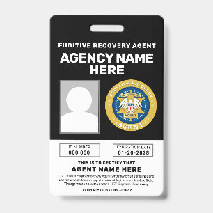 TARJETA DE IDENTIFICACIÓN BADGE DE AGENTE DE RECUPERACIÓN FUGITIVA