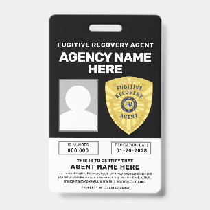 TARJETA DE IDENTIFICACIÓN BADGE DE AGENTE DE RECUPERACIÓN FUGITIVA