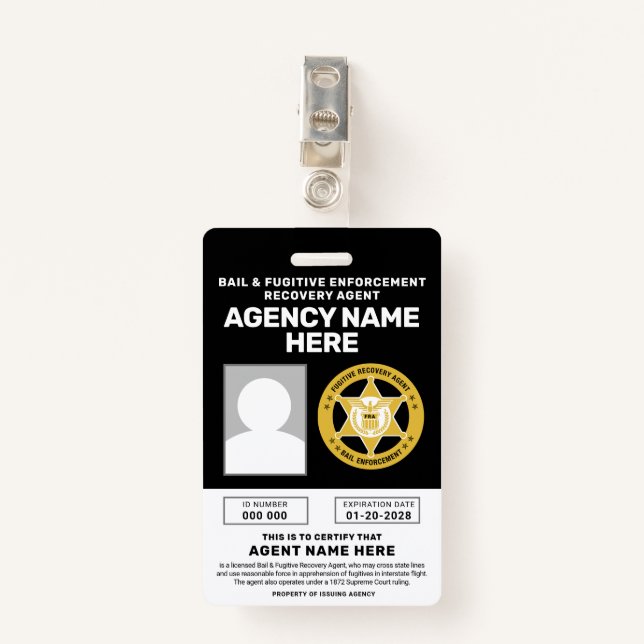 TARJETA DE IDENTIFICACIÓN BADGE DE LOS AGENTES DE RECUPERACIÓN FUGITIVA (Anverso con clip)
