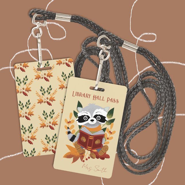 Tarjeta De Identificación Bando de lectura de Raccoon Library Hall (Cute reading raccoon elementary school library hall pass badge . )