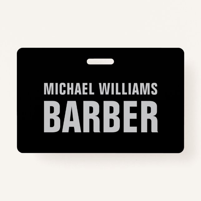 Tarjeta De Identificación Barber Black Gray Bold Typography Badge (Anverso)