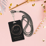 Tarjeta De Identificación Bat Mitzvah VIP Pass<br><div class="desc">Create an atmosphere of Hollywood glam at your bat mitzvah party with these personalized VIP passes. Chic black badge features "VIP" surrounded by a faux rose gold abstract circle. Personalize with the guest of honor's name beneath and the event date on the back. Badges can also be personalized with each...</div>