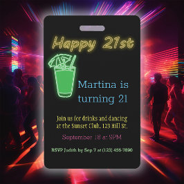 Tarjeta De Identificación Bebidas Neon Y Baile Fiesta 21 de Cumpleaños Invit