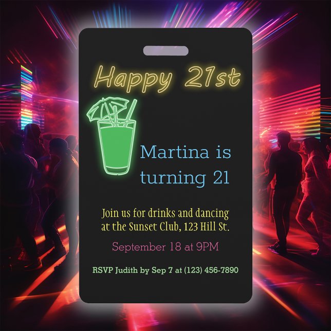 Tarjeta De Identificación Bebidas Neon Y Baile Fiesta 21 de Cumpleaños Invit (Subido por el creador)