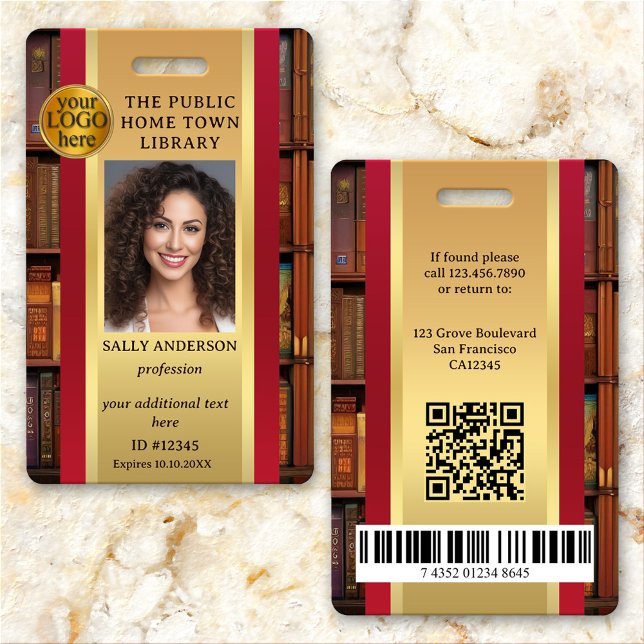 Tarjeta De Identificación Biblioteca de Retro Libros Insignia de identificac (Elegant retro library photo ID badge with space for your custom photo and logo)