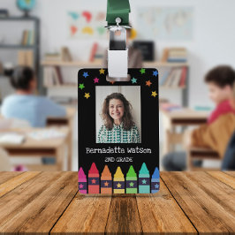 Tarjeta De Identificación Black Crayons y Stars Colorful School Teacher ID