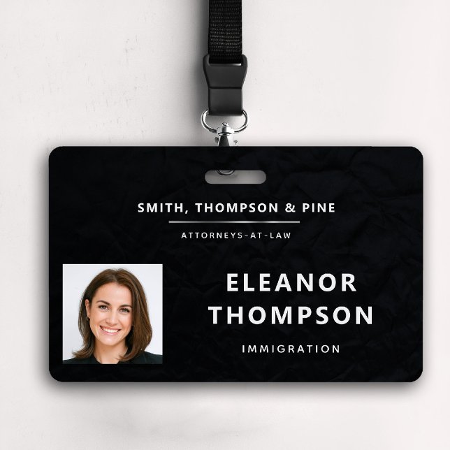 Tarjeta De Identificación Black Elegant Modern Business Professional Photo (business corporate badge law firm attorney real estate manager ceo cfo paralegal black white)