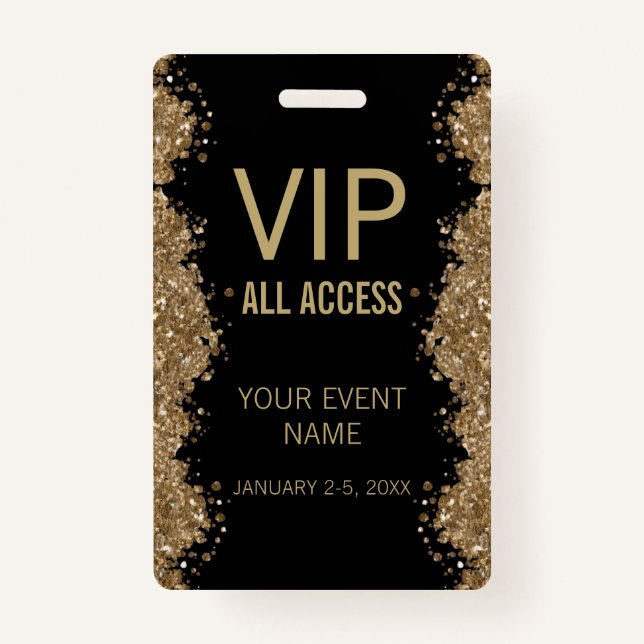 Tarjeta De Identificación Black Gold Glitter Event VIP All Access Pass ID  (Anverso)