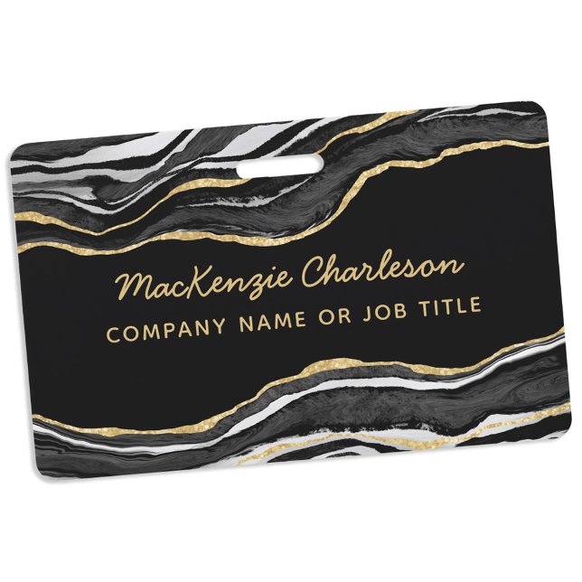 Tarjeta De Identificación Black Marble Agate Geode Gold Business Name (Black marble geode agate gold glitter effect modern script business name badge)