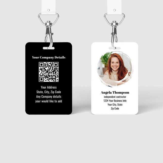 Tarjeta De Identificación Black Modern Photo QR Code Employee (Black and white modern business ID badge. with photo and QR code.)