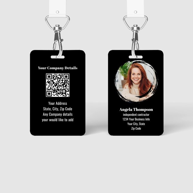 Tarjeta De Identificación Black Modern Photo QR Code Employee (Business black and white photo ID badge with QR code.)