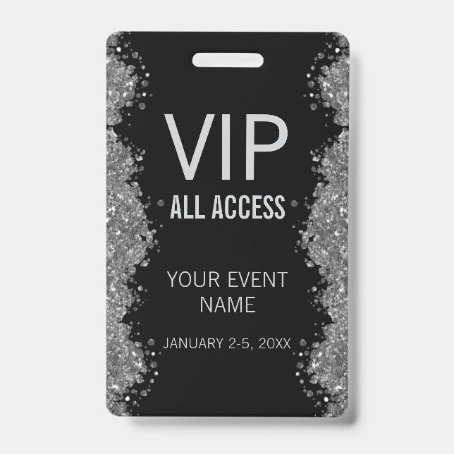 Tarjeta De Identificación Black Silver Glitter Event VIP All Access Pass ID  (Parte frontal)