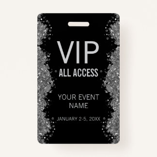 Tarjeta De Identificación Black Silver Glitter Event VIP All Access Pass ID 