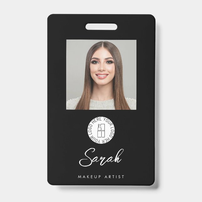 Tarjeta De Identificación Black White Logo Photo Makeup Employee (Anverso)