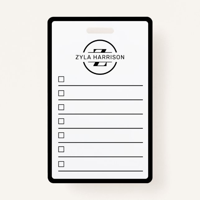 Tarjeta De Identificación Black White Monogram Name To Do List Whiteboard (Anverso)
