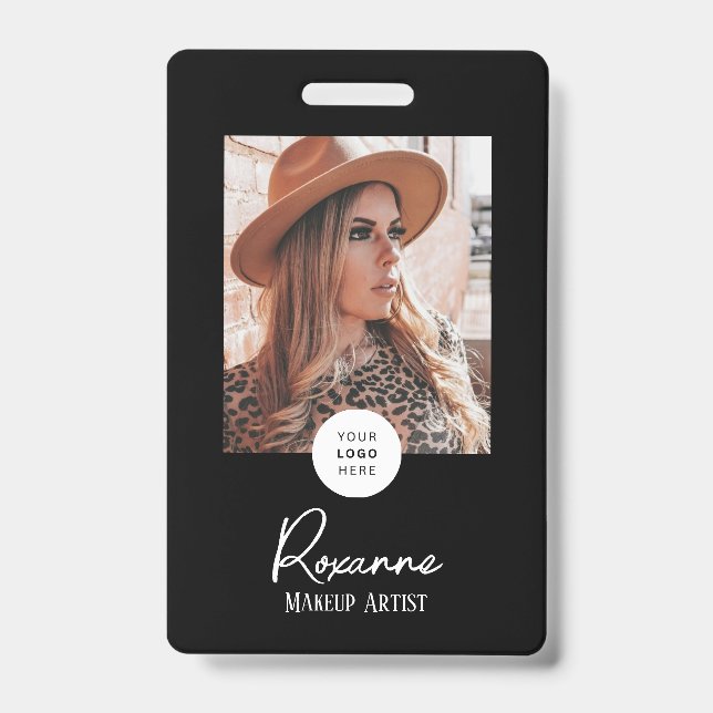 Tarjeta De Identificación Black & White Script Logo Photo Makeup Badge (Anverso)