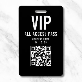 Tarjeta De Identificación Black White VIP All Access Pass QR Code Concert