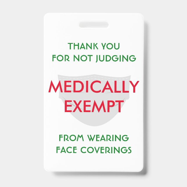 Tarjeta De Identificación Blanco de la máscara facial médicamente exento (Front)