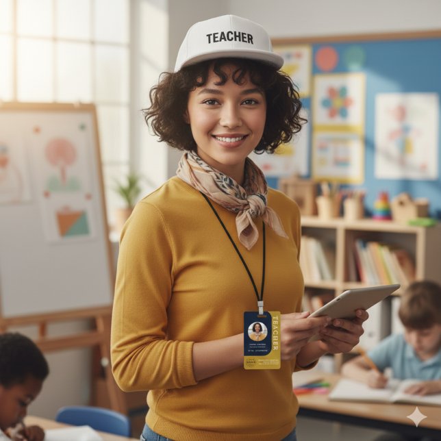 Tarjeta De Identificación Blue Brown Teacher Name Badge with QR and Photo (Blue Brown Teacher Name Badge with QR and Photo)