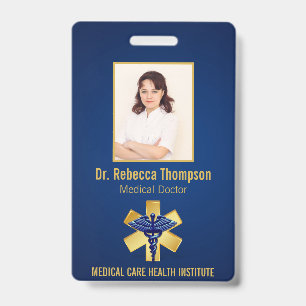 Tarjeta De Identificación Blue Medical 3D Caduceo Dorado Foto ID Paramédico